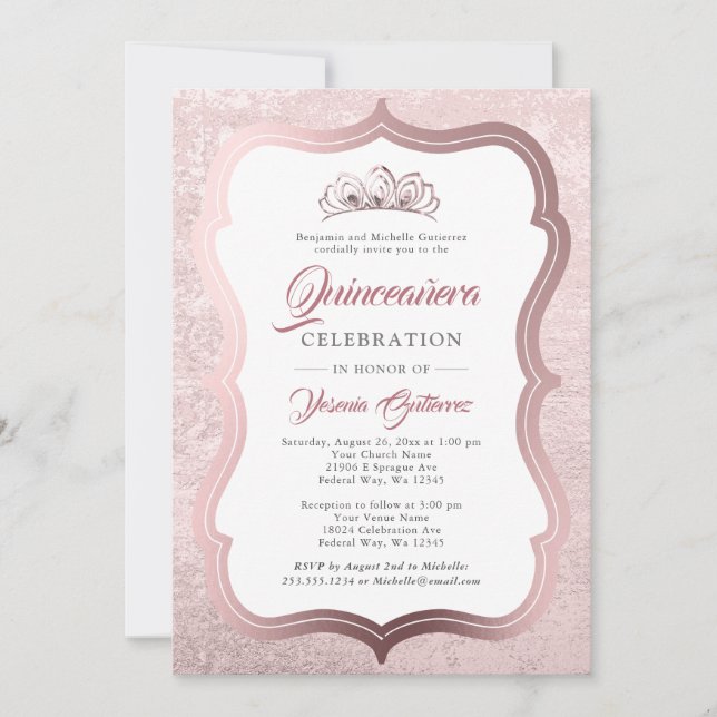 Invitación Rosa elegante Tiara Quinceañera (Anverso)
