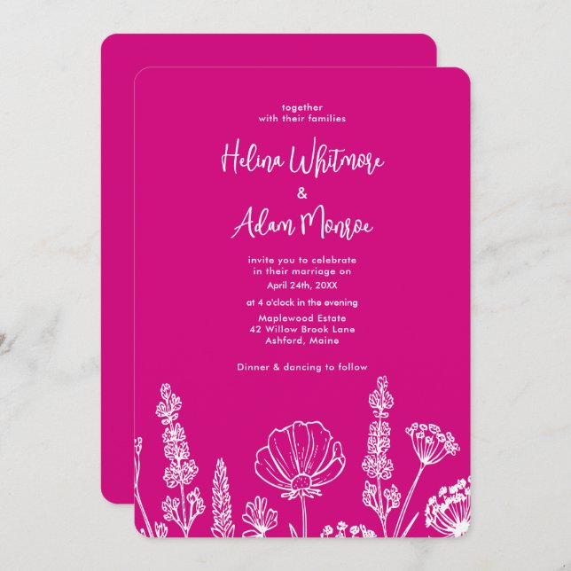 Invitación Rosa | Elegante Wekdding De Flores Silvestres (Anverso / Reverso)