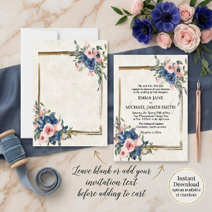 Invitación Rosa en blanco y floral azul con marco dorado 