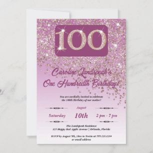 Invitación Rosa en caída Purpurina de oro 100 cumpleaños