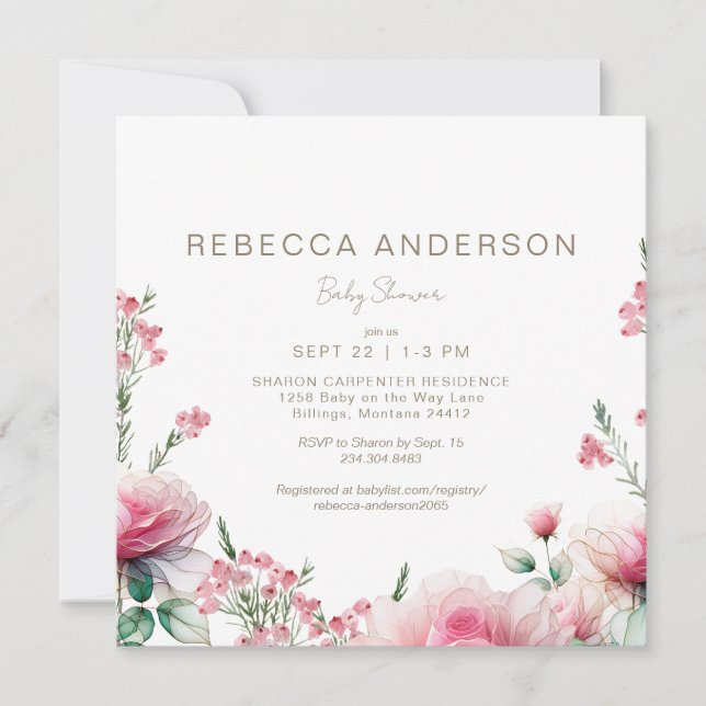 Invitación Rosa en el Baby Shower de Bloom Square (Anverso)