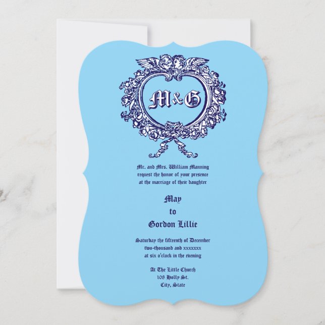 Invitación Rosa en forma de corazón Cartouche & Cherub Pareja (Anverso)