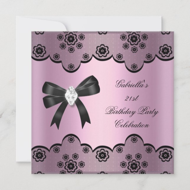 Invitación Rosa Encaje Negro Elegante Fiesta de Cumpleaños Di (Anverso)