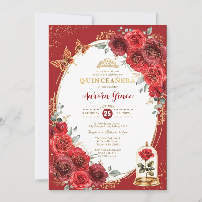 Invitación Rosa encantada Quinceañera 15ª fiesta de cumpleaño (Anverso)