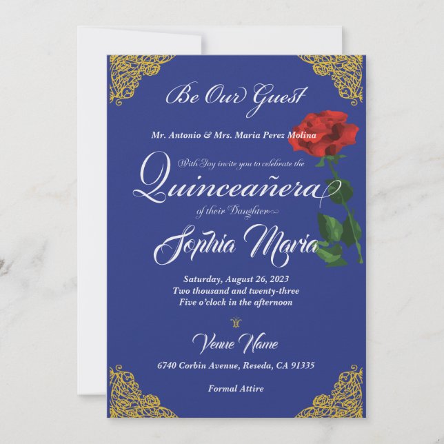 Invitación Rosa encantado Quinceanera (Anverso)