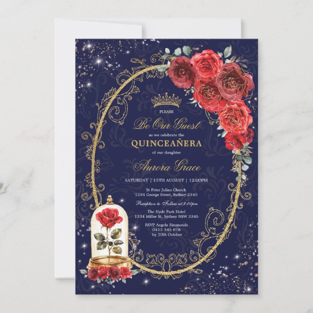 Invitación Rosa encantado Quinceañera Navy Red Gold Cumpleaño (Anverso)