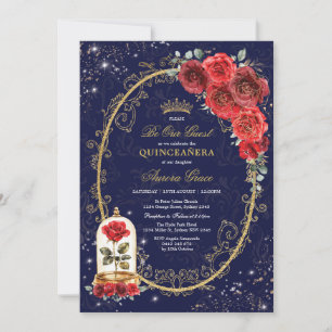 Invitación Rosa encantado Quinceañera Navy Red Gold Cumpleaño