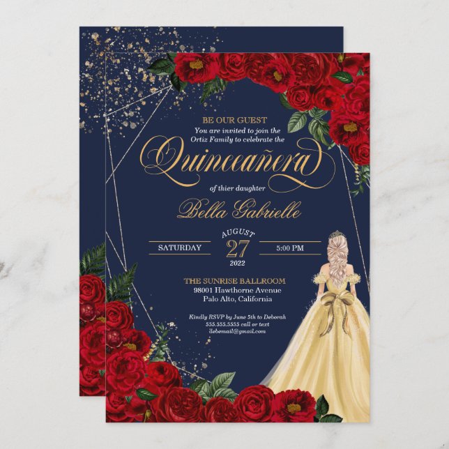 Invitación Rosa encantado Red & Gold Fairytale Quinceañera (Anverso / Reverso)