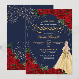 Invitación Rosa encantado Red & Gold Fairytale Quinceañera