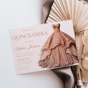 Invitación Rosa encantado Vestido de oro vestido Quinceanera