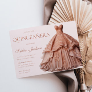 Invitación Rosa encantado Vestido de oro vestido Quinceanera