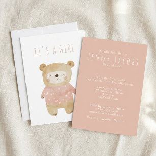 Invitación Rosa es un Chica acuarela lindo Bear Baby Shower