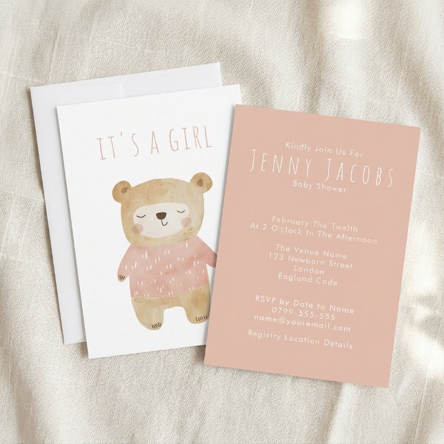 Invitación Rosa es un Chica acuarela lindo Bear Baby Shower (Pink It’s a Girl Watercolor cute Bear Baby Shower Invitation)