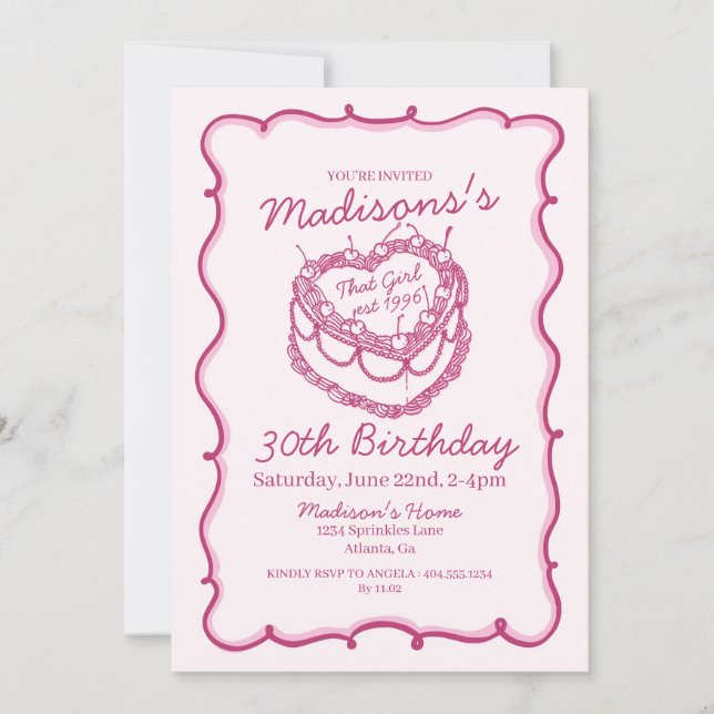Invitación Rosa Ese Chica Corazón Coquette Cherry Cake Cumple (Anverso)