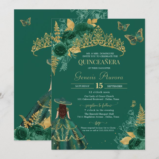 Invitación Rosa esmeralda de oro verde Flor Mariposa Quinceañ (Anverso / Reverso)