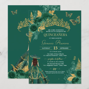 Invitación Rosa esmeralda de oro verde Flor Mariposa Quinceañ