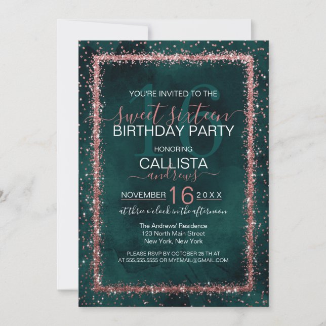 Invitación Rosa Esmeralda Oro Sprinkled Confetti Sweet 16 (Anverso)
