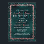 Invitación Rosa Esmeralda Oro Sprinkled Confetti Sweet 16<br><div class="desc">La elegante, glamurosa y moderna invitación a la fiesta de 16 cumpleaños es perfecta para un evento contemporáneo y elegante. Cuenta con un falso purpurina de confeti de color rosa rosa brillante, impreso en forma de imitación, sobre un fondo artístico de color verde esmeralda. La parte posterior muestra el mismo...</div>