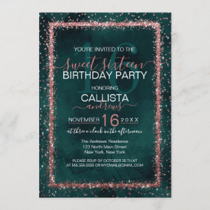 Invitación Rosa Esmeralda Oro Sprinkled Confetti Sweet 16