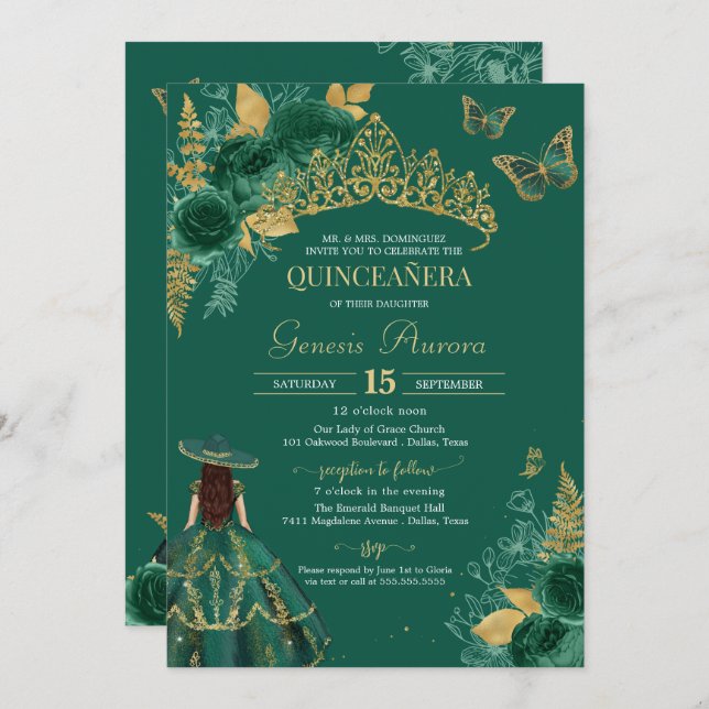 Invitación Rosa Esmeralda Verde Flor Quinceañera Mariposa (Anverso / Reverso)