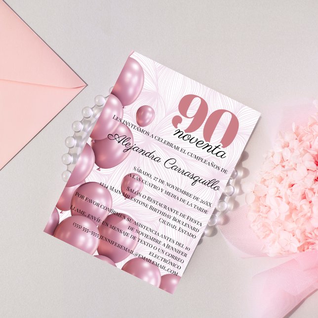 Invitación Rosa español Rubor Floral Balones 90º cumpleaños (Subido por el creador)