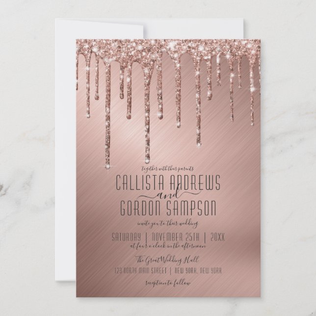 Invitación Rosa espumoso de lujo Purpurina de oro Dris Boda (Anverso)