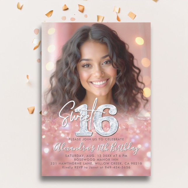 Invitación Rosa espumoso Moda de diamantes de oro Foto dulce  (sweet sixteen invitation 16th birthday rose gold blush pink diamonds photo template elegant classy)