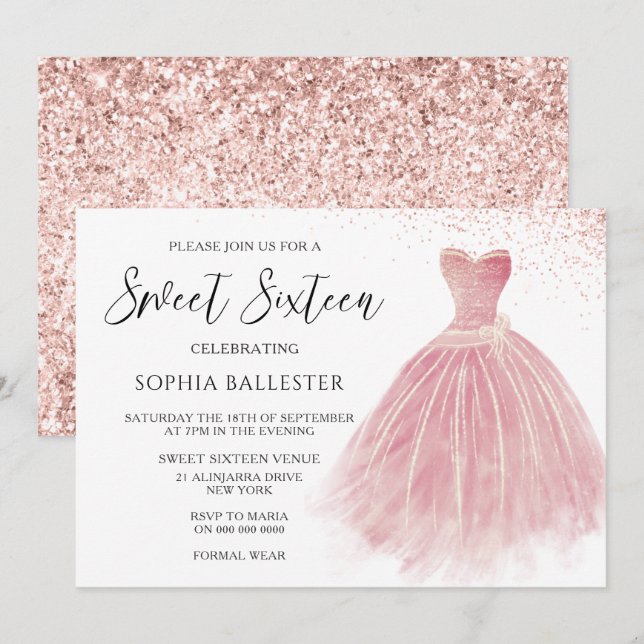 Invitación Rosa espumoso Oro Rubor Gown Sweet 16 Fiesta (Anverso / Reverso)