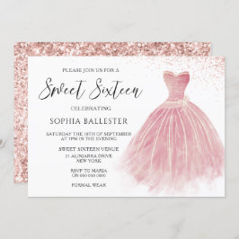 Invitación Rosa espumoso Oro Rubor Gown Sweet 16 Fiesta