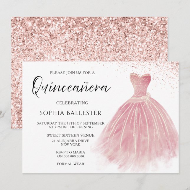 Invitación Rosa espumoso oro Rubor traje Quinceanera Fiesta (Anverso / Reverso)