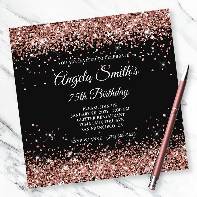 Invitación Rosa espumoso Purpurina de oro 75º cumpleaños negr (Subido por el creador)