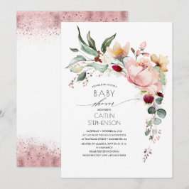 Invitación Rosa espumoso Purpurina de oro Floral Baby Shower