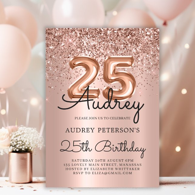 Invitación Rosa espumoso Purpurina de oro globo 25º cumpleaño (Subido por el creador)