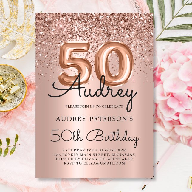 Invitación Rosa espumoso Purpurina de oro globo 50 cumpleaños (Subido por el creador)