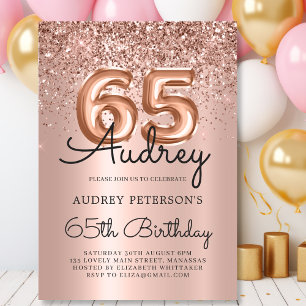 Invitación Rosa espumoso Purpurina de oro globo 65º cumpleaño