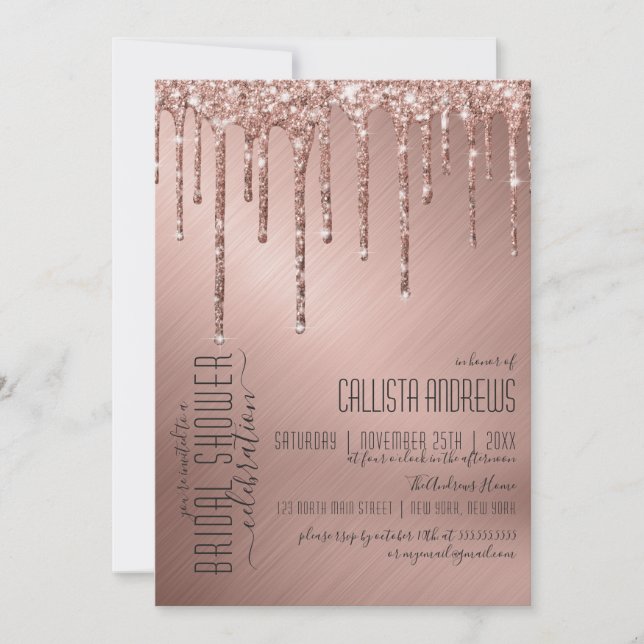 Invitación Rosa espumoso Purpurina de oro gotea ducha de novi (Anverso)