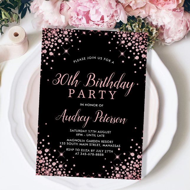 Invitación Rosa espumoso Purpurina de oro negro 30 cumpleaños (Subido por el creador)