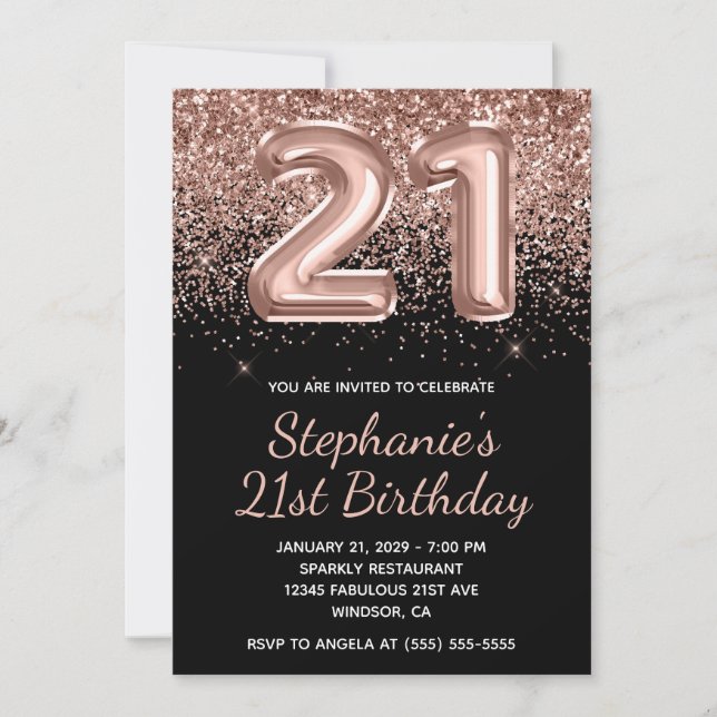 Invitación Rosa espumoso Purpurina de oro negro número 21 cum (Anverso)