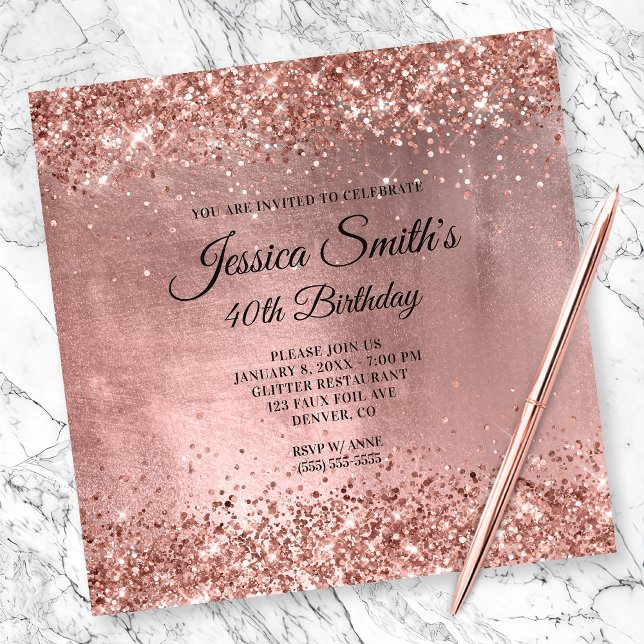 Invitación Rosa espumoso Purpurina de oro Relieve metalizado  (Create your own milestone birthday invitation for her.)