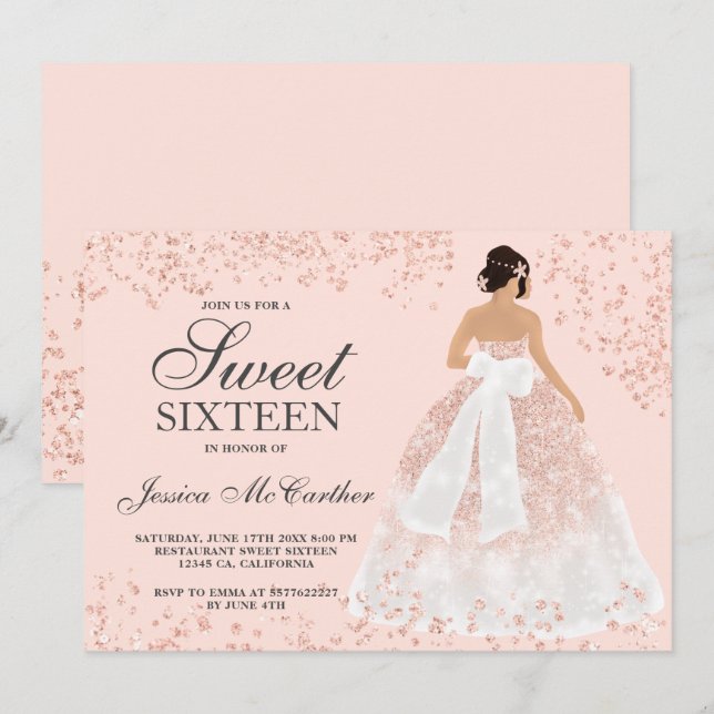 Invitación rosa espumoso purpurina de oro vestido moda dulce  (Anverso / Reverso)