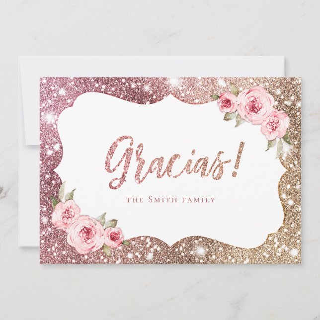 Invitación Rosa espumoso purpurina de oro y gracias florales (Anverso)