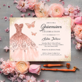Invitación Rosa espumoso Vestido dorado mariposa Quinceanera