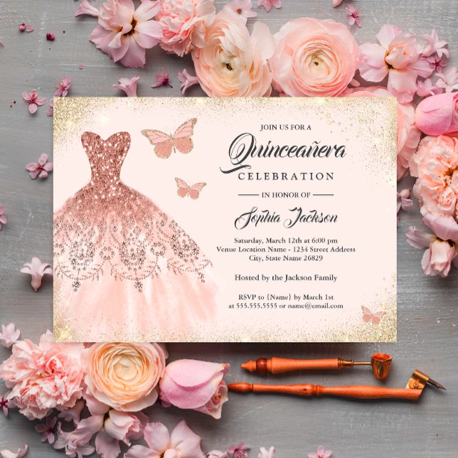 Invitación Rosa espumoso Vestido dorado mariposa Quinceanera (Subido por el creador)