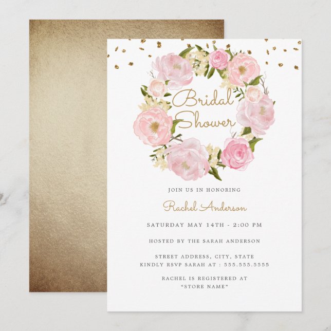 Invitación Rosa espumoso Wreath Pink Gold Bridal (Anverso / Reverso)