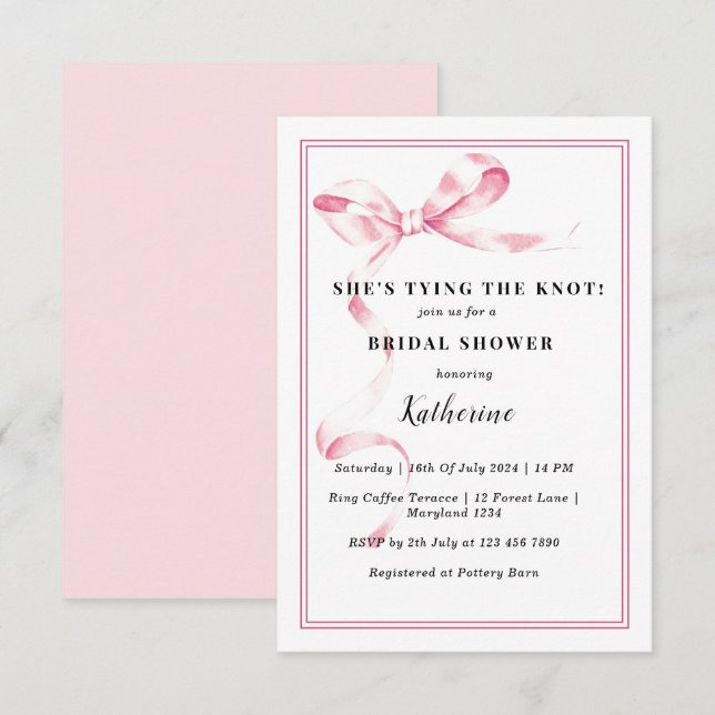 Invitación Rosa está atando la ducha de novias Knot Bow (Anverso / Reverso)