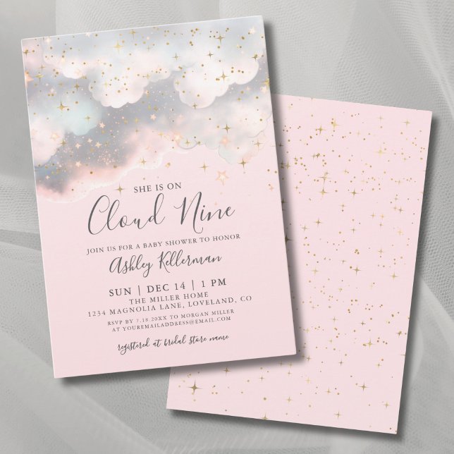 Invitación Rosa está en la Nueve Nueve Nueve Baby Shower (Pink She's On Cloud Nine Baby Shower Invitation)