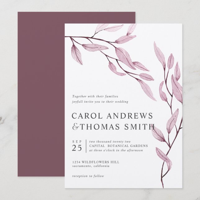 Invitación Rosa etéreo | boda de hojas botánicas verticales (Anverso / Reverso)