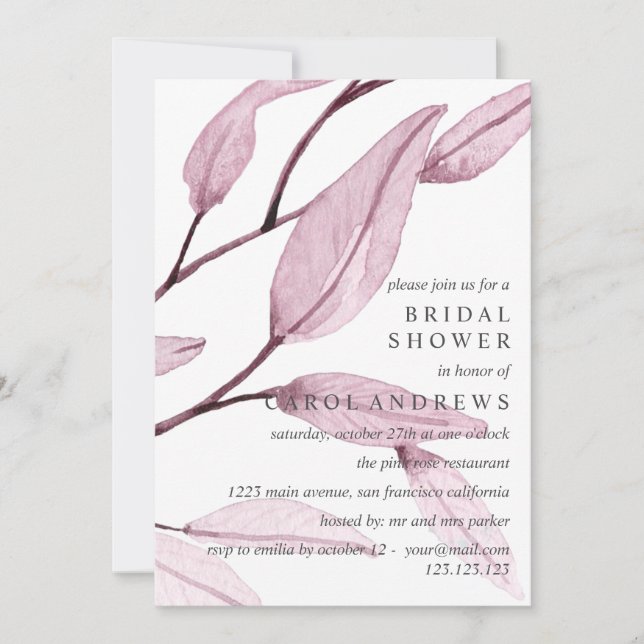 Invitación Rosa etéreo | Boda Leafy Bridal Shower (Anverso)
