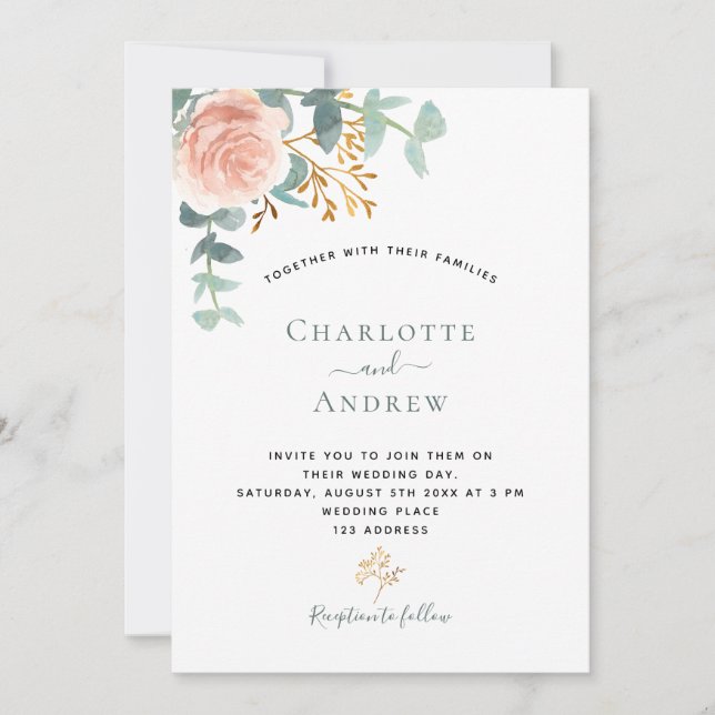 Invitación Rosa eucalipto boda rosa (Anverso)