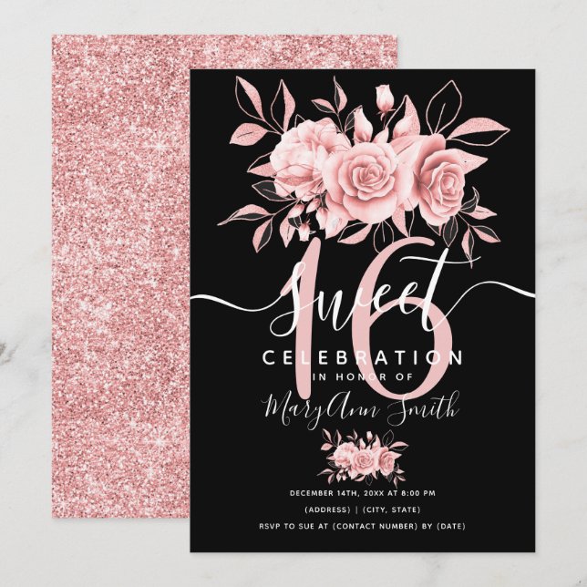 Invitación Rosa Fab Purpurina Floral Dorado 16º cumpleaños Ne (Anverso / Reverso)